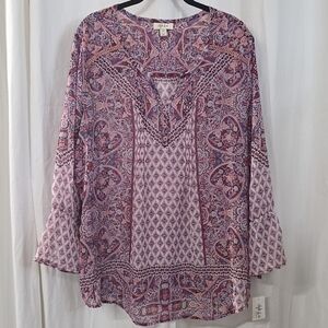 1X 2X Style Co Chiffon Pink Mauve Boho Paisley Bell Sleeve Pintuck Babydoll Top
